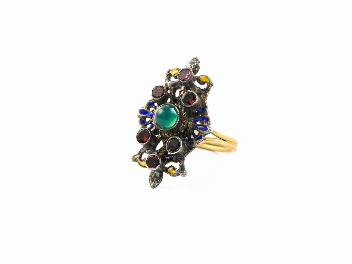 Due Anelli in Oro e Argento con Gemme Multicolor e Smalti Policromi