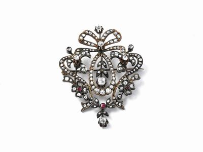 Pendente Spilla Liberty in Oro a Basso Titolo e Argento con Diamanti e Rubini Sintetici