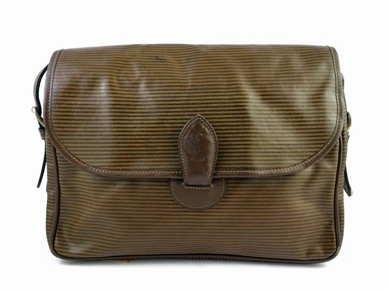 Yves Saint Laurent, Borsa a Tracolla a Righe Marroni in Tessuto Impermeabilizzato