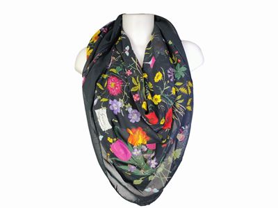 Gucci, Grande Foulard/pareo in Cotone Nero 'flora'