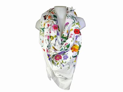 Gucci, Grande Foulard/pareo in Cotone Bianco 'flora'