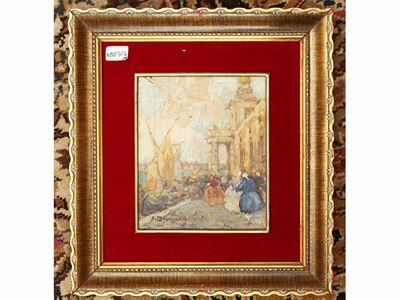 Coppia di Scorci Veneziani con Personaggi in Abiti Settecenteschi