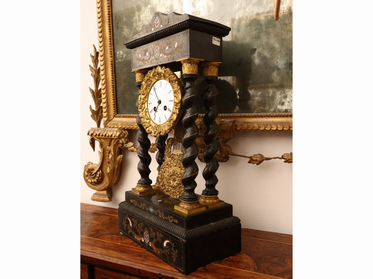 Orologio da Tavolo a Tempietto in Legno Ebanizzato