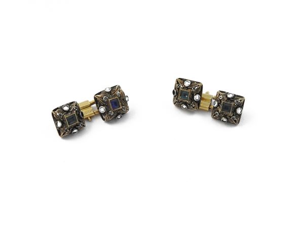 Yellow gold and silver earrings and pair of cufflinks with diamonds and sapphires