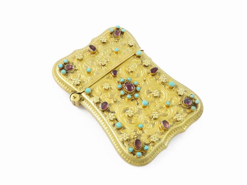 Astuccio per Carnet in Argento Dorato con Granati Foiled Back e Turchesi