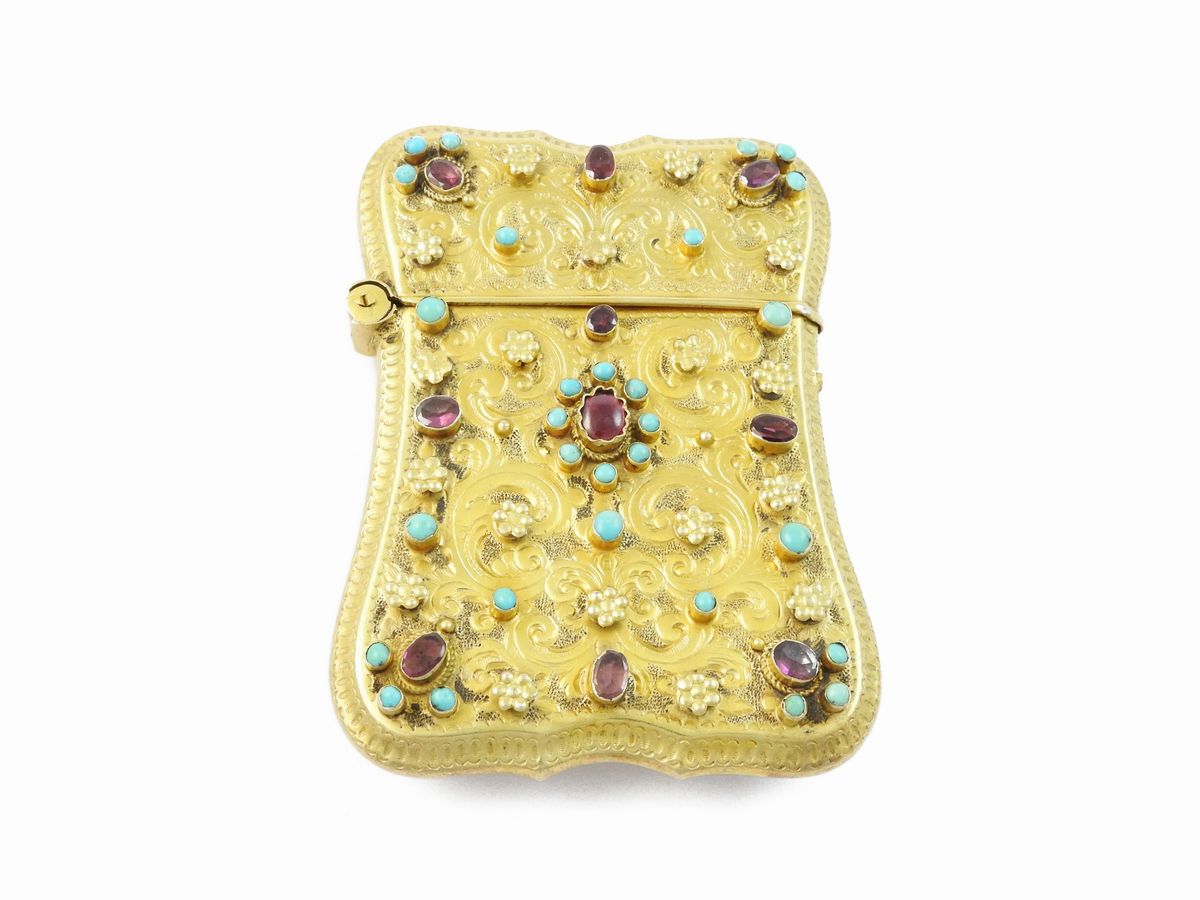 Astuccio per Carnet in Argento Dorato con Granati Foiled Back e Turchesi