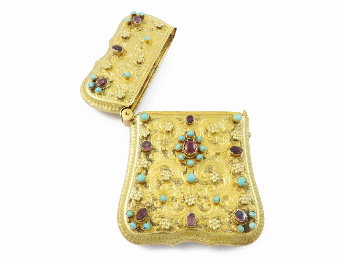 Astuccio per Carnet in Argento Dorato con Granati Foiled Back e Turchesi