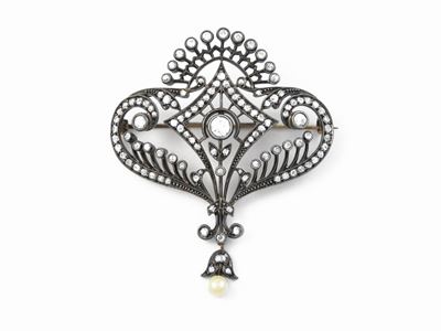 Spilla Liberty Pendente in Oro Giallo e Argento con Diamanti e Perla