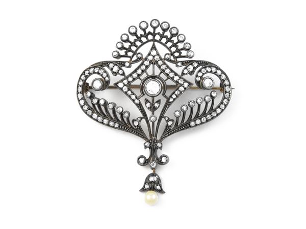 Liberty pendant brooch in yellow gold and silver with diamonds and pearl
