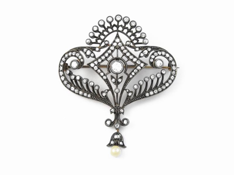 Spilla Liberty Pendente in Oro Giallo e Argento con Diamanti e Perla