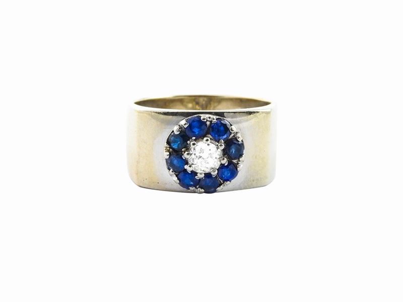Anello a Fascia in Oro Bianco con Diamante e Zaffiri
