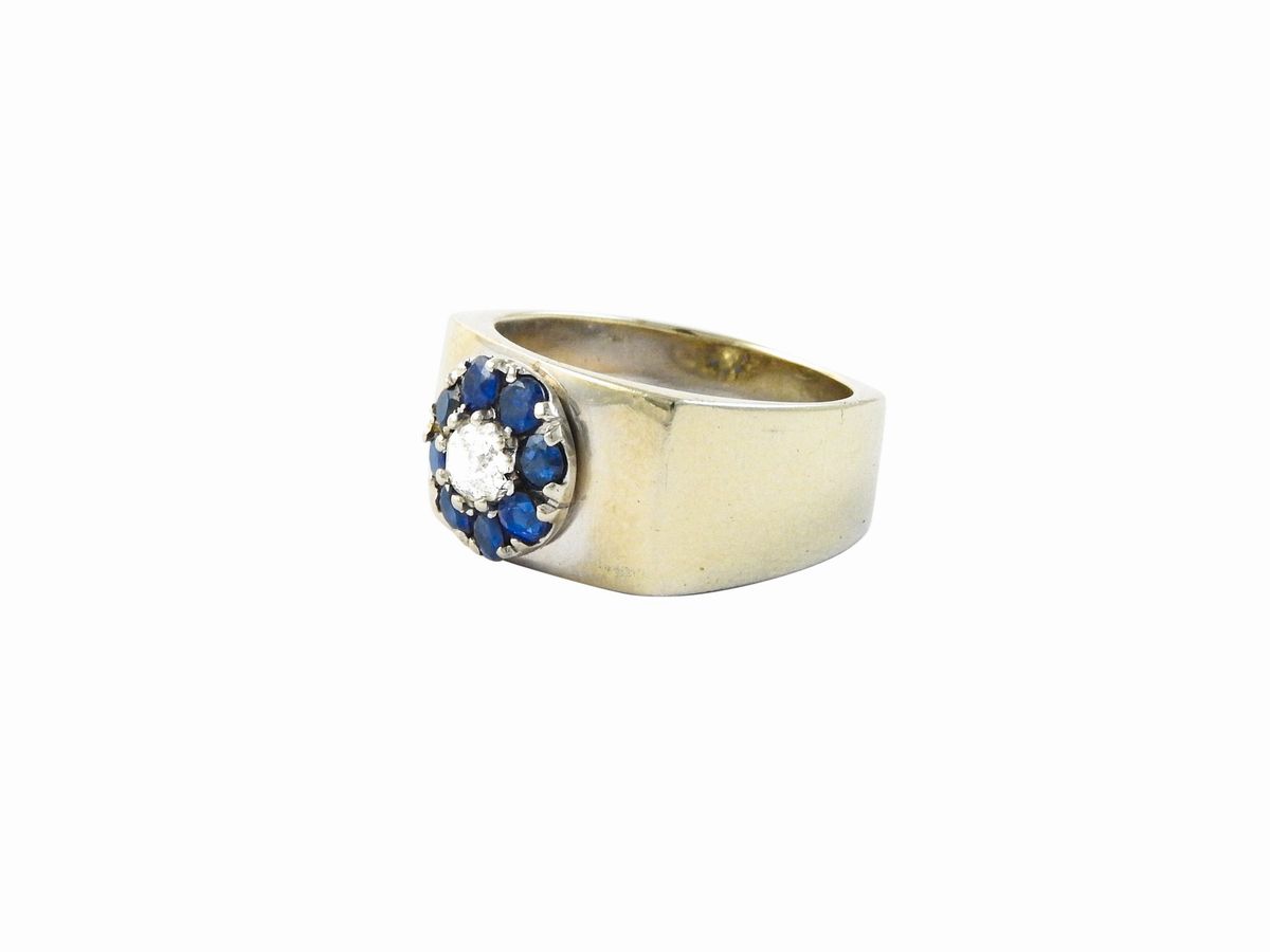 Anello a Fascia in Oro Bianco con Diamante e Zaffiri
