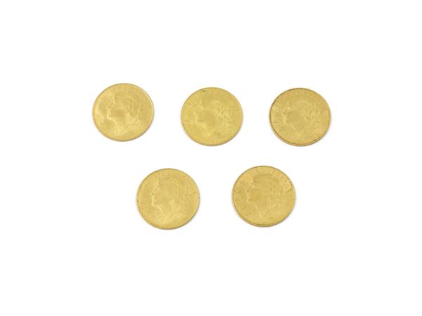 Five 10 Swiss Franc coins
