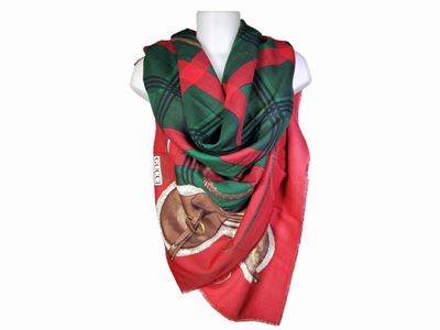 Gucci, Stola in Lana Rossa con Quadri Scozzesi e Selle di Cavallo