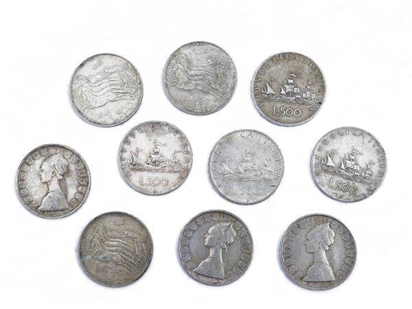 Ten silver coins of 500 Lire 1861-1961