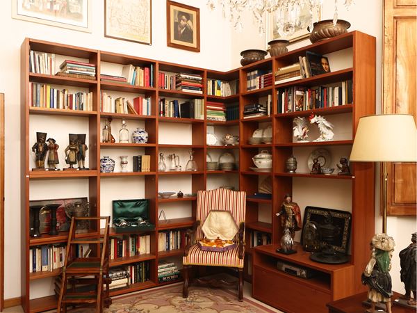 Modern style walnut colored wooden corner bookcase
