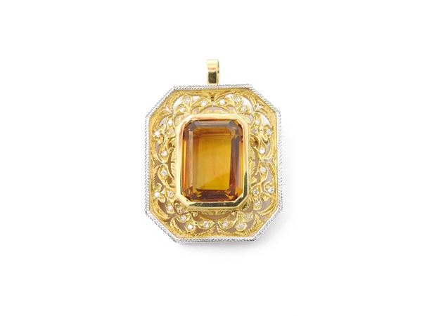 White and yellow gold brooch pendant with diamonds and citrine quartz