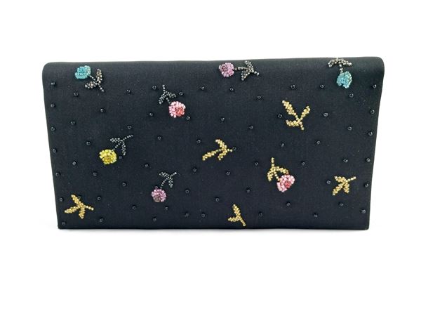 Black satin evening clutch bag with colored beaded flowers