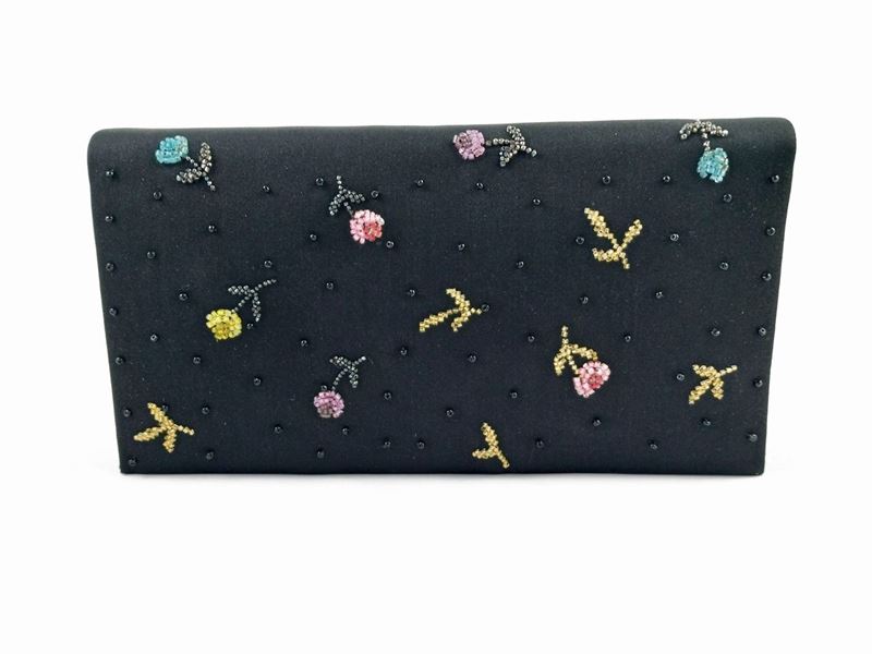 Pochette da Sera in Raso Nero con Fiori in Perline Colorate