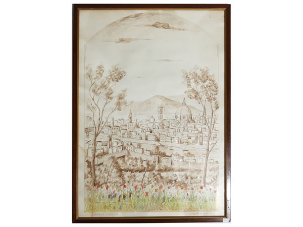 Silvio Pucci : View of Florence  - Auction A florentine house. Between tradition and modernity Modern and contemporary art Collection of modern paintings and Design - II - - Maison Bibelot - Casa d'Aste Firenze - Milano