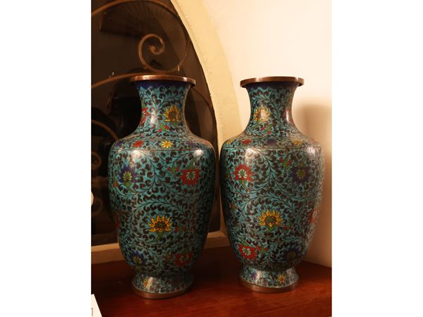 Pair of baluster vases in metal and cloisonné enamel