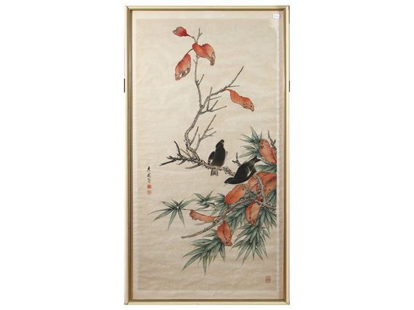 Li Hechou - Two birds on branches with leaves