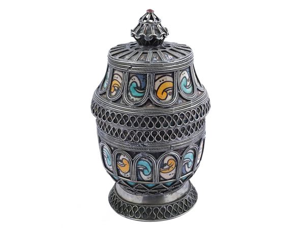 Vase in metal and glazed ceramic