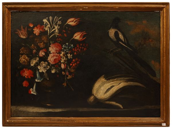 Giuseppe Pesci - Still life with flowers and birds