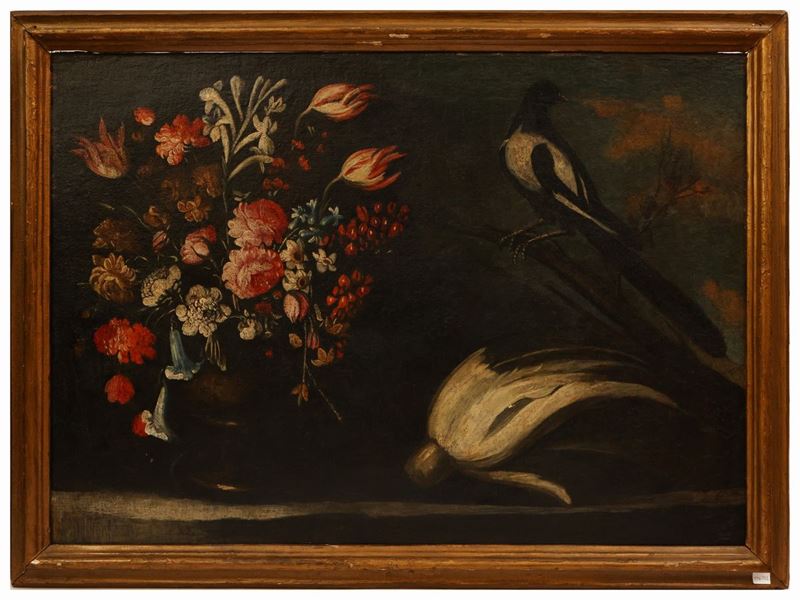 Giuseppe Pesci - Natura Morta con Fiori e Volatili