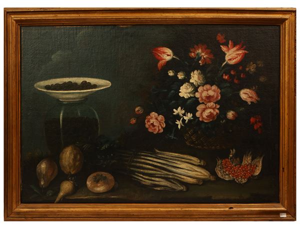 Giuseppe Pesci - Still life with flowers and legumes