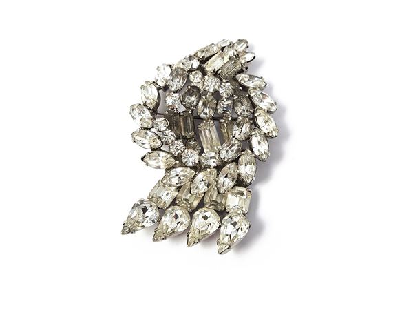White metal brooch with colorless rhinestones