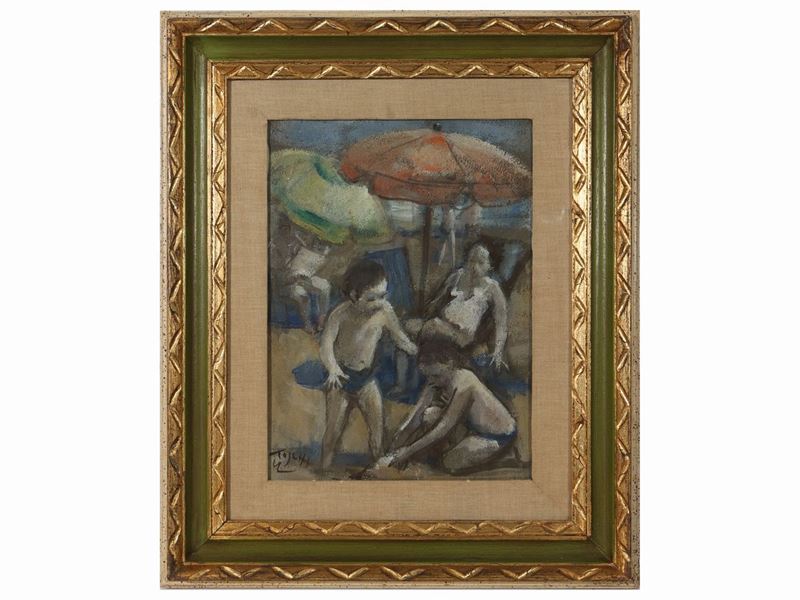 Ermanno Toschi - Veduta di Spiaggia con Personaggi
