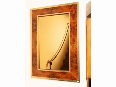 Specchio Rettangolare con Cornice in Radica e Ottone