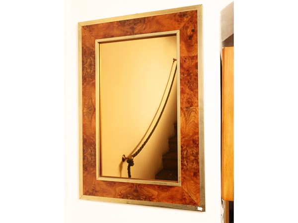 Specchio rettangolare con cornice in radica e ottone