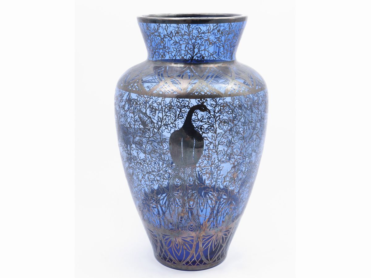 Vaso in Vetro Blu con Decorazione in Argento