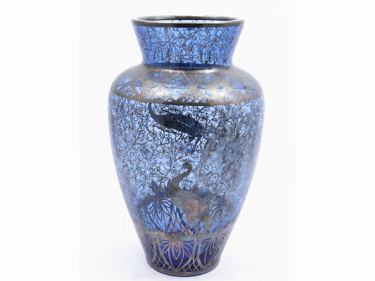 Vaso in Vetro Blu con Decorazione in Argento