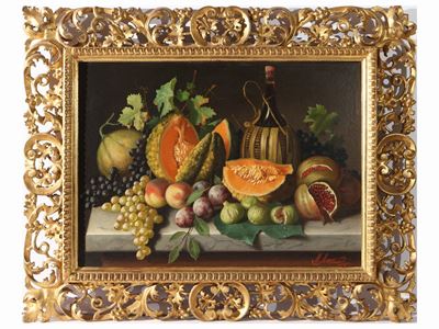 Natura Morta con Zucche, Fichi, Uva, Melograni e Fiasco di Vino 1899