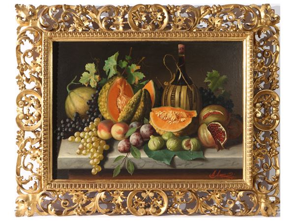 Michelangelo Meucci - Still life with pumpkins, figs, grapes, pomegranates and flask of wine 1899