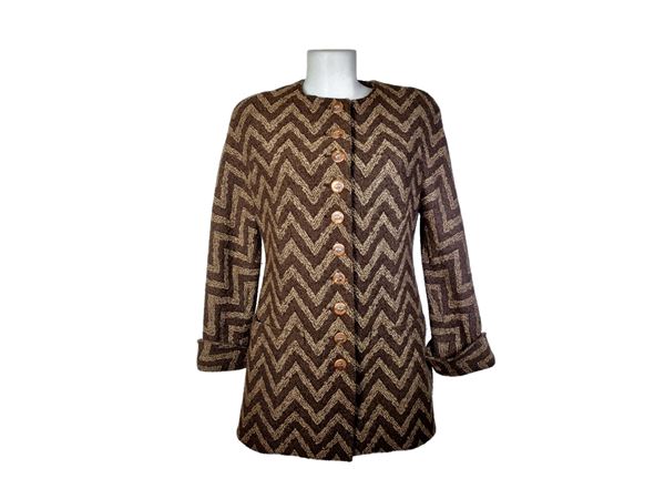 Valentino Boutique, Brown bouclé wool coat with cream geometric patterns