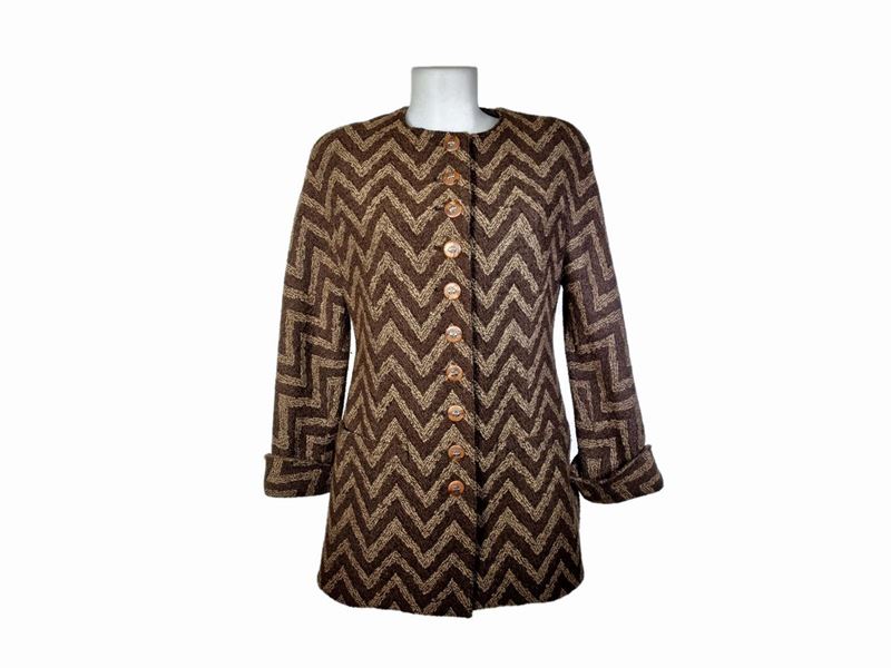 Valentino Boutique, Cappottino in Lana Bouclè Marrone a Motivi Geometrici Crema