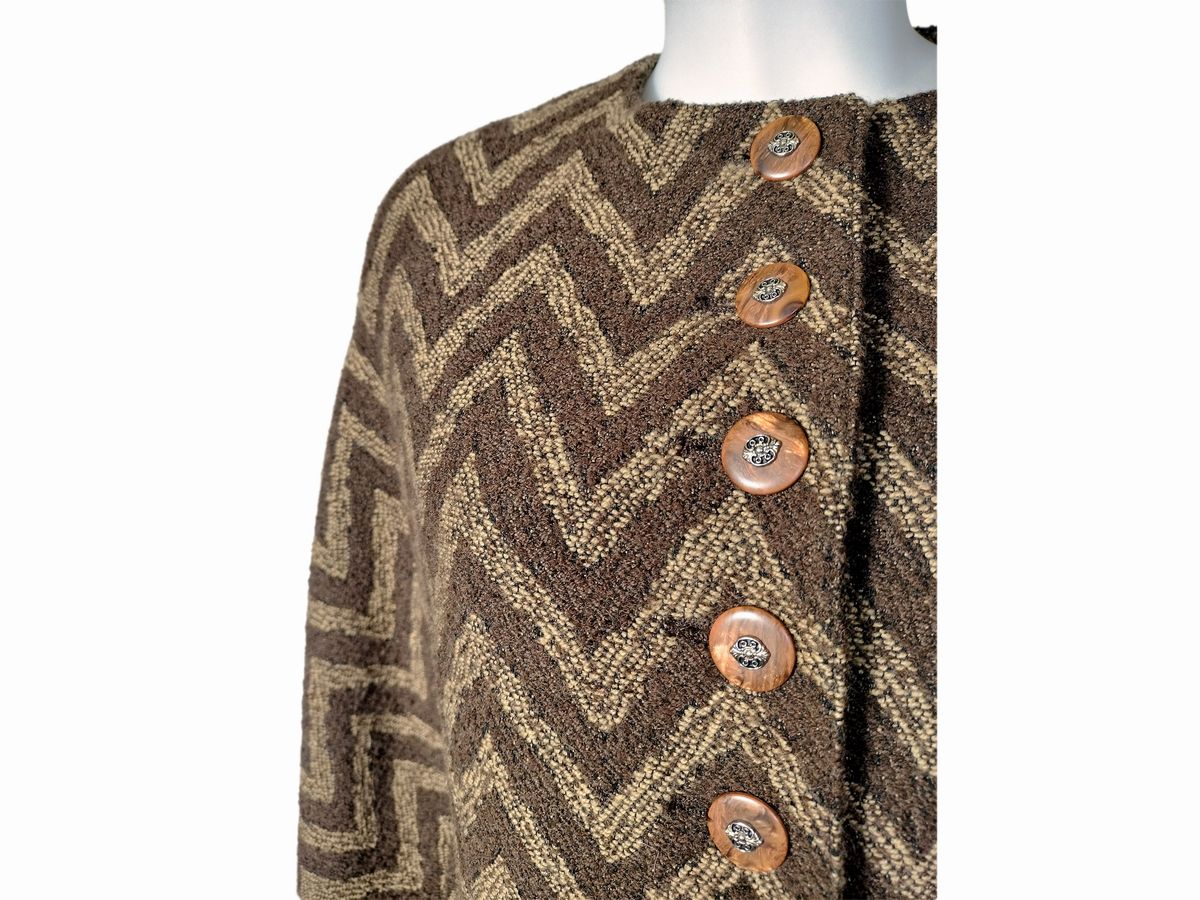 Valentino Boutique, Cappottino in Lana Bouclè Marrone a Motivi Geometrici Crema