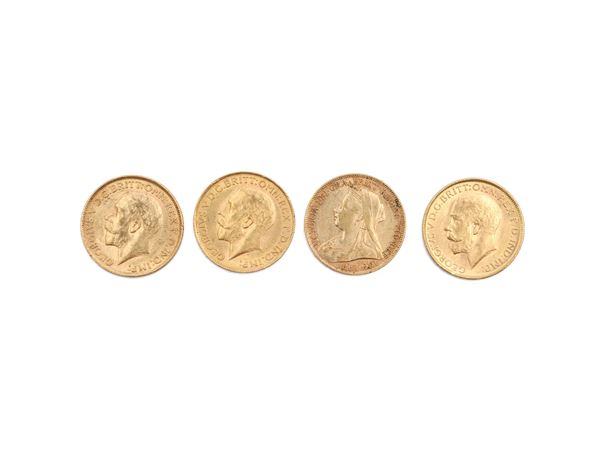 Quattro monete da una sterlina in oro