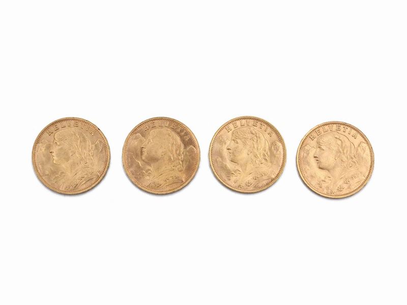 Quattro Monete da 20 Franchi Svizzeri in Oro