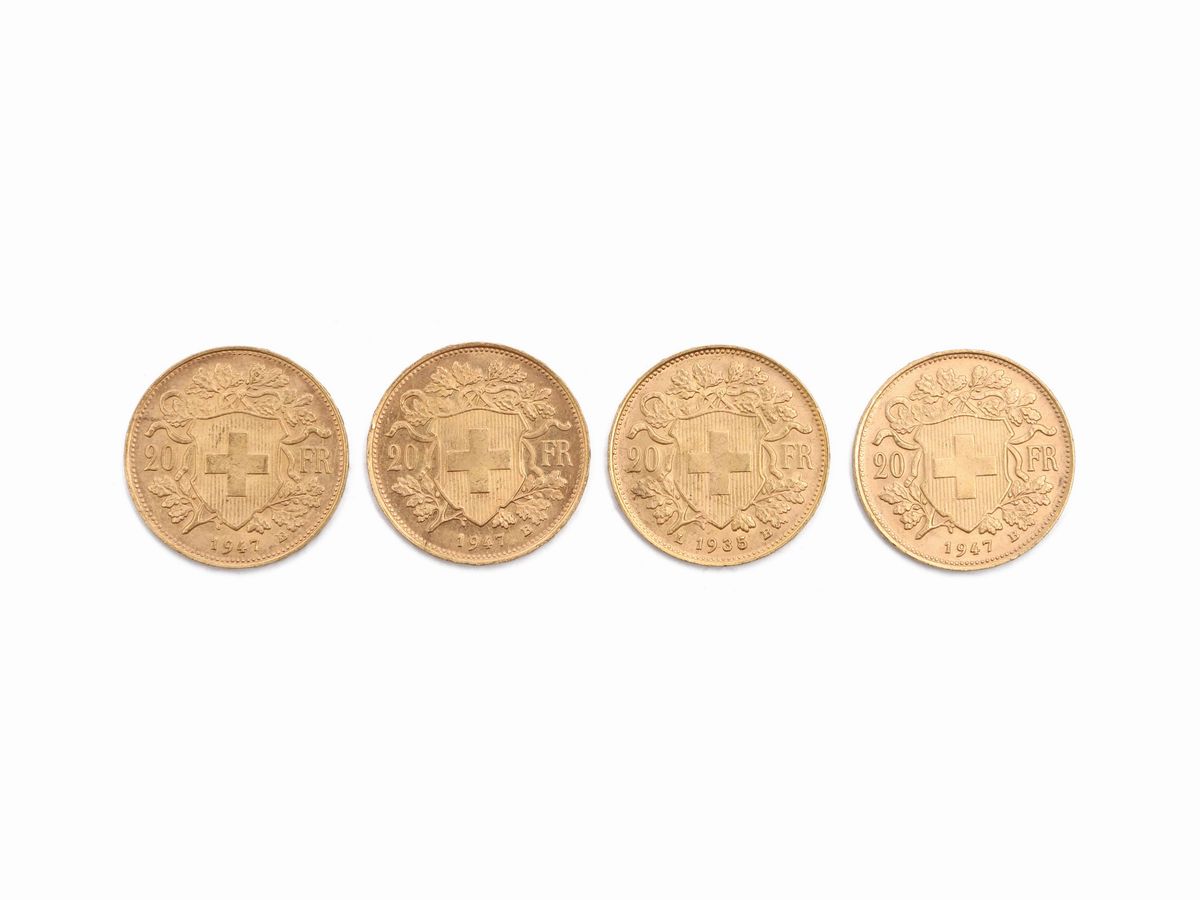 Quattro Monete da 20 Franchi Svizzeri in Oro