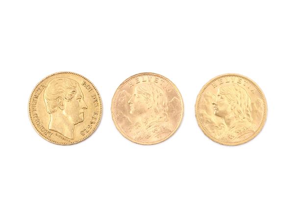 Tre monete da 20 franchi in oro