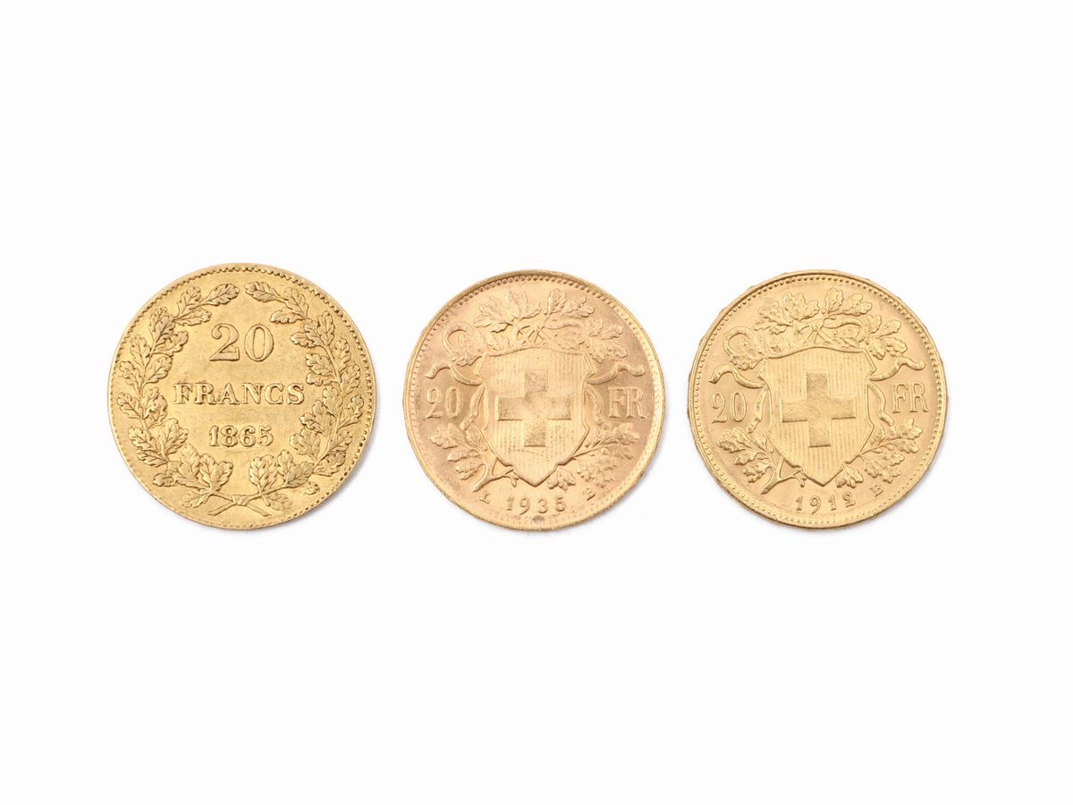 Tre Monete da 20 Franchi in Oro