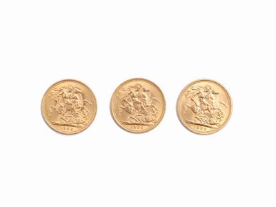 Due Monete da 20 Franchi e una Moneta da 20 Lire in Oro