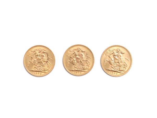 Due monete da 20 franchi e una moneta da 20 lire in oro
