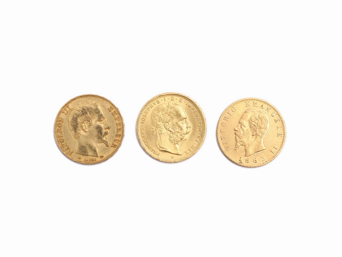 Due Monete da 20 Franchi e una Moneta da 20 Lire in Oro