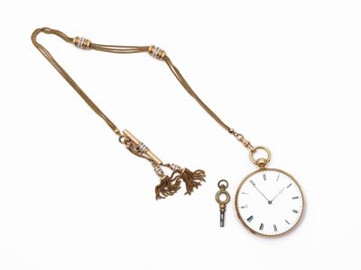 Orologio da Tasca e Catena in Oro Giallo con Smalti Policromi